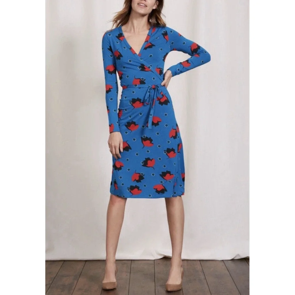 Boden Retro‎ Blue Red Poppy Bloom Floral Jersey Knit Wrap Dress Size 4P Preppy